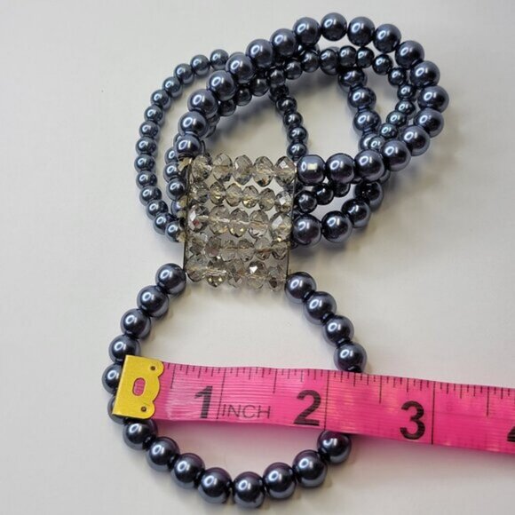 Grey Faux Pearl Stretch Bracelet 5 Strand Wide Faux Pearl Elastic Bracelet - Picture 7 of 8